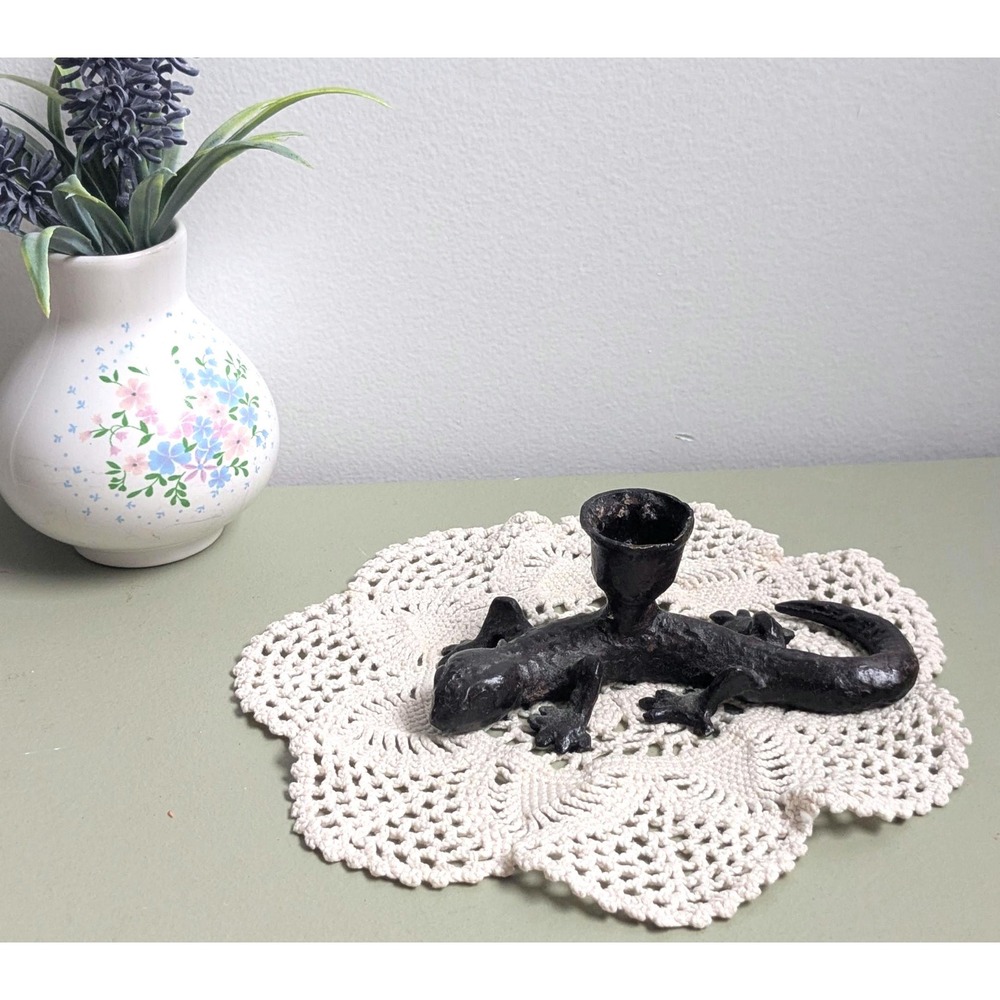 Vintage Cast Iron Lizard Candle Holder, Gecko Candlestick, Rustic Gothic Decor